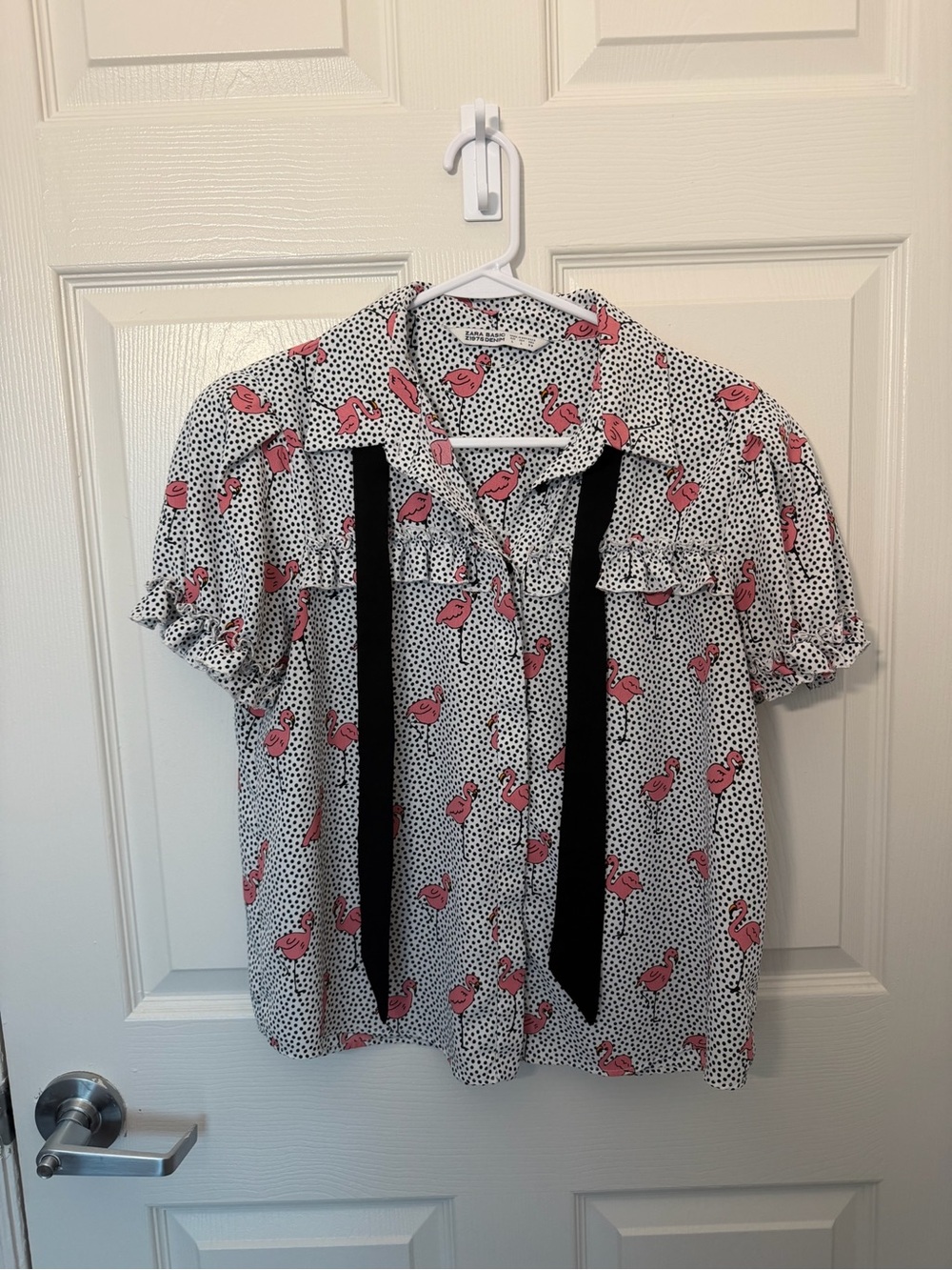 Zara White Polka Dot Blouse with Pink Flamingo Print and Black Ties
